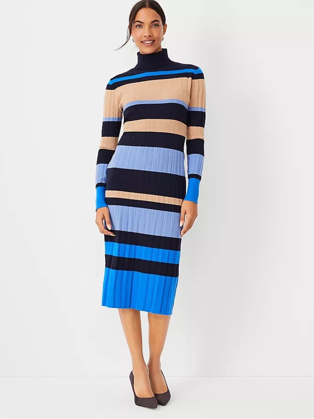Ann Taylor Striped Turtleneck Midi Dress in Blue, Navy & Tan